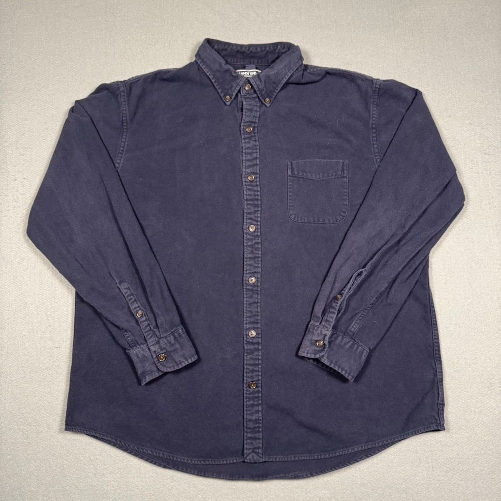 Lands End Flannel Shirt Mens XL Navy Blue Cotton Button Down Traditional Fit
